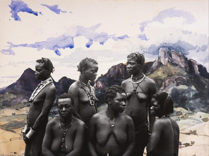 Portrait #3: a group of Urua women against a watercolour background by Dardenne